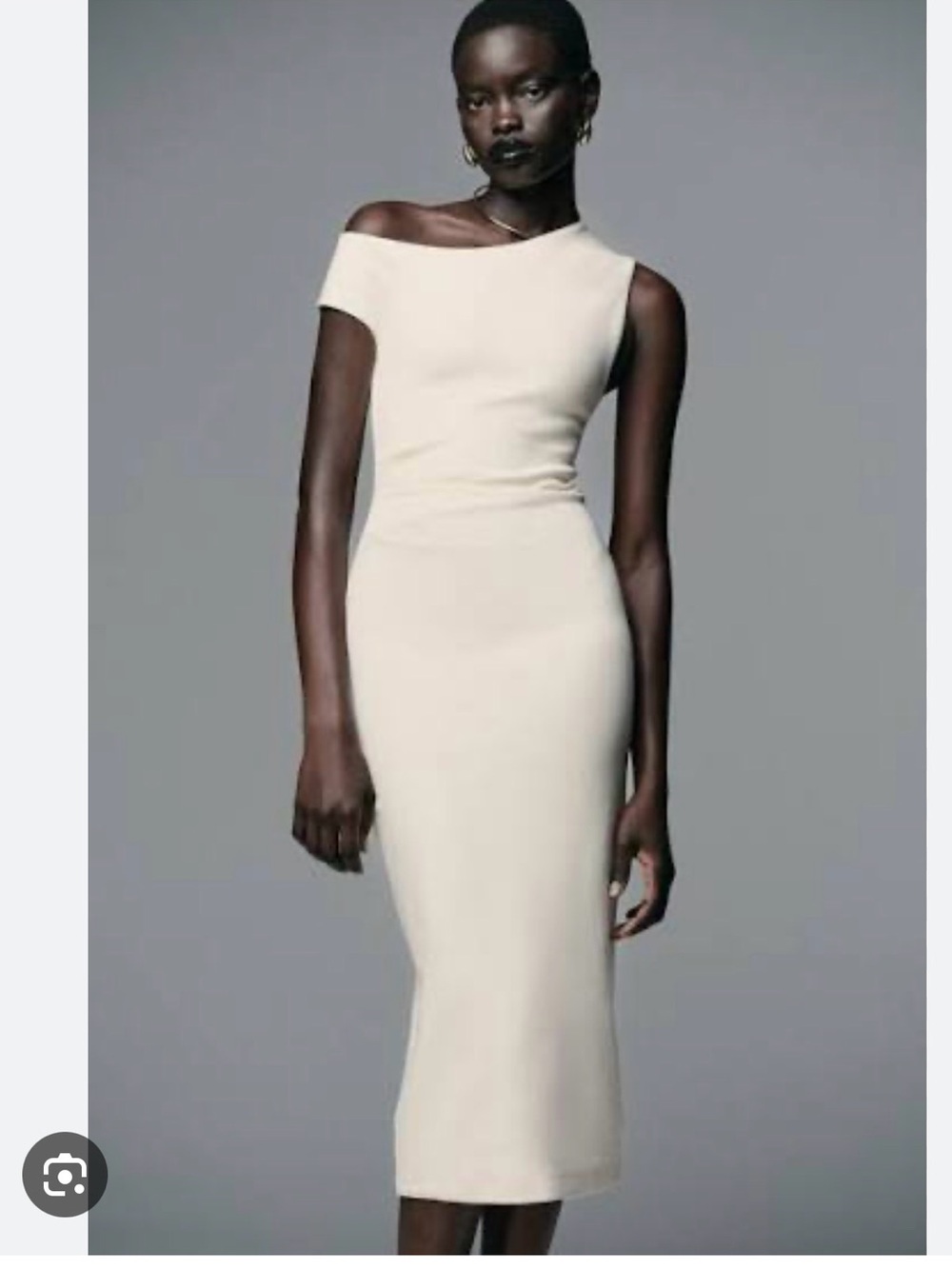 Zara Off-Shoulder Cream Asymmetrical Midi Dress